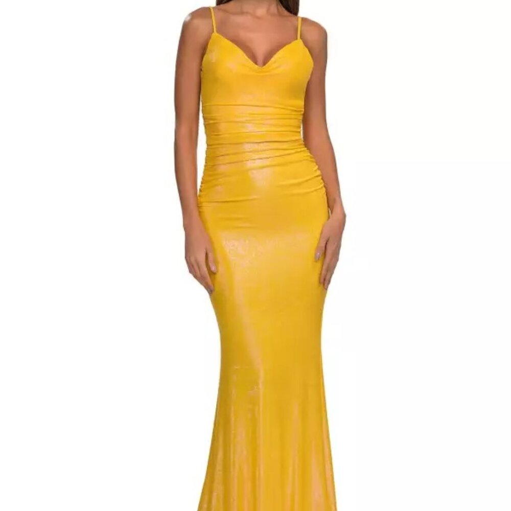 NWT La Femme 33034 Illusion Mesh Back Sleeveless Prom Dress Yellow Size 0